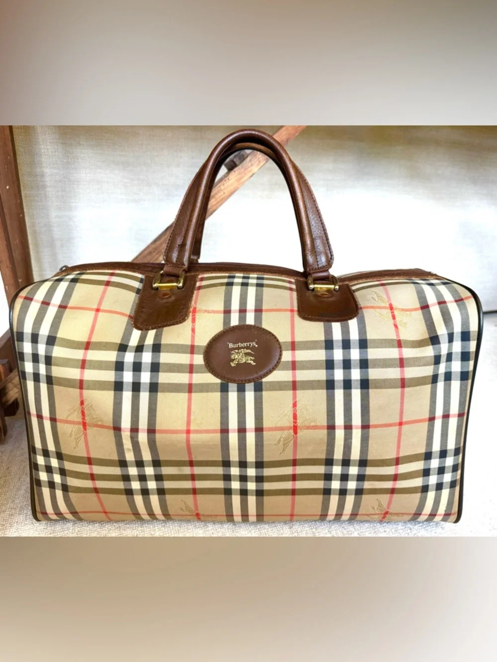 BURBERRYS Vintage Nova Check Travel Duffel Leather Lined Bag EUC